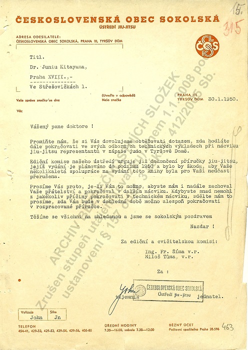 letter from czechoslovak judo/jujutsu pioneers (Mr.Šíma and Mr.Tůma ) to Mr.Kitayama about request for next cooperation in judo/jujutsu